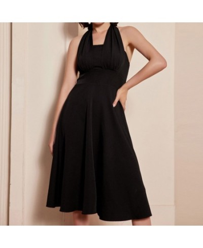 Women Vintage Halter A-Line Dress Backless Defined Waist Smocked Dress Ladies Elegant Party Ruched Bodice Flared Dress $45.82...