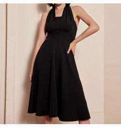 Women Vintage Halter A-Line Dress Backless Defined Waist Smocked Dress Ladies Elegant Party Ruched Bodice Flared Dress $45.82...