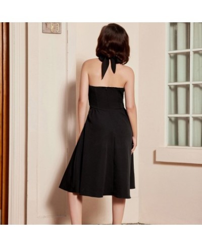 Women Vintage Halter A-Line Dress Backless Defined Waist Smocked Dress Ladies Elegant Party Ruched Bodice Flared Dress $45.82...