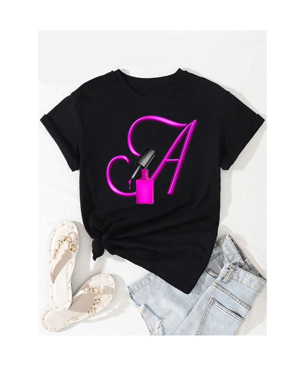 New Women T-shirt Custom Name Letter Combination Nail Art Letter Font A B C D E Short Sleeve Tops Black T-shirt Women Clothin...