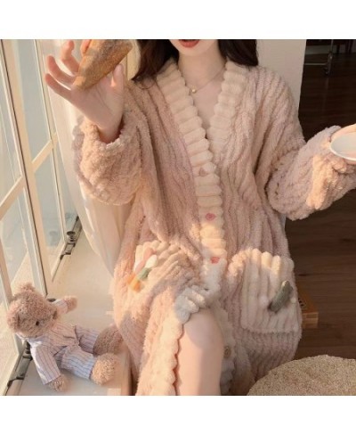 Autumn Winter Female Robe Thicken Flannel Pajamas Long Sleeve V-Neck Cute Nightwear Sleepwear Bath Robe $55.94 - Sleepwears