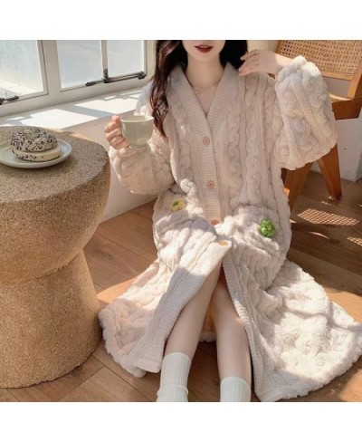 Autumn Winter Female Robe Thicken Flannel Pajamas Long Sleeve V-Neck Cute Nightwear Sleepwear Bath Robe $55.94 - Sleepwears