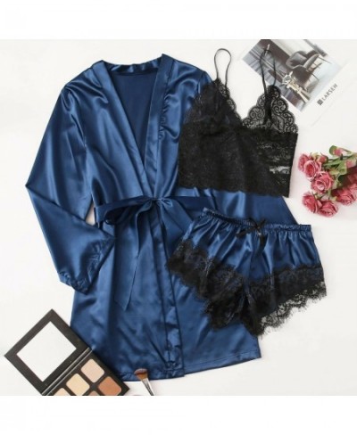 3 Pieces Women Pajamas Robe Sets Satin Silk Nightgown Sleepwear Set Sexy Lace Home Clothes Shots Nightwear Pyjama Nightie $27...