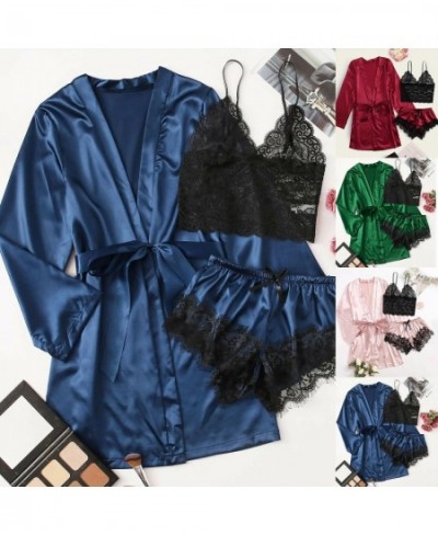 3 Pieces Women Pajamas Robe Sets Satin Silk Nightgown Sleepwear Set Sexy Lace Home Clothes Shots Nightwear Pyjama Nightie $27...