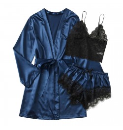 3 Pieces Women Pajamas Robe Sets Satin Silk Nightgown Sleepwear Set Sexy Lace Home Clothes Shots Nightwear Pyjama Nightie $27...