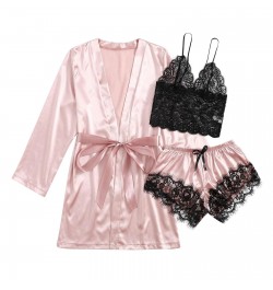 3 Pieces Women Pajamas Robe Sets Satin Silk Nightgown Sleepwear Set Sexy Lace Home Clothes Shots Nightwear Pyjama Nightie $27...