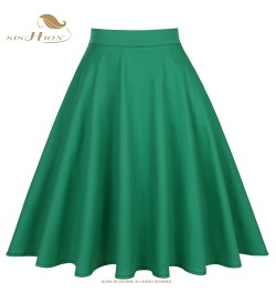 2023 New Elegant Green Skirt High Waist Solid Color Summer Spring Swing 50s Vintage Retro Rockabilly Midi A-line Skirts Falda...