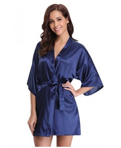 New Silk Kimono Robe Bathrobe Women Silk Bridesmaid Robes Sexy Navy Blue Robes Satin Robe Ladies Dressing Gowns $21.56 - Slee...