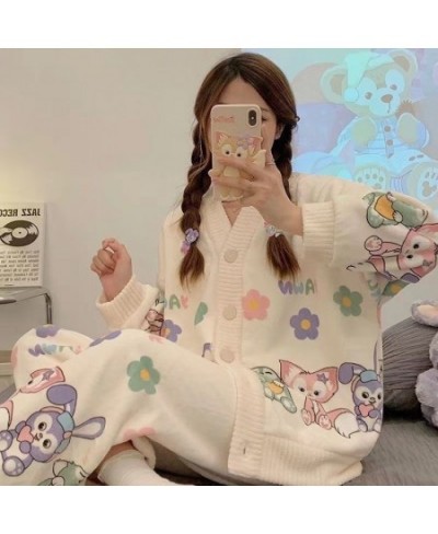 Cartoon Winter Thickened Pajamas Set Female Student Coral Fleece Cute Casual Sleepwear Breathable Plush Warm Home Suit $54.72...