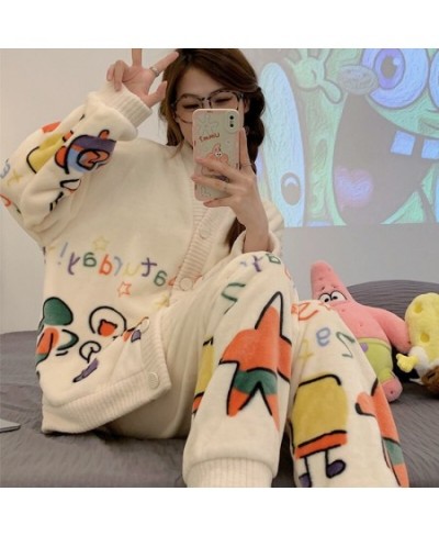 Cartoon Winter Thickened Pajamas Set Female Student Coral Fleece Cute Casual Sleepwear Breathable Plush Warm Home Suit $54.72...