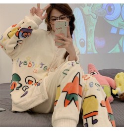 Cartoon Winter Thickened Pajamas Set Female Student Coral Fleece Cute Casual Sleepwear Breathable Plush Warm Home Suit $54.72...