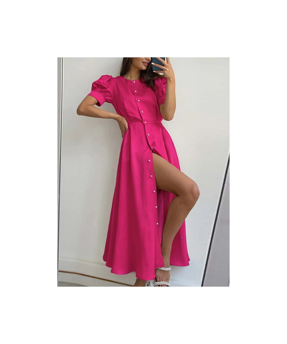 Women's O Neck Dress with Slit Orange Elegant Maxi Dresses Office Ladies Buttons Up Holiday Dress for Women $41.85 - Dresses