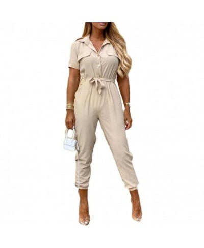 Office Lady Short Sleeve V Neck Stripes Print Button Belt One Piece Jumpsuit $43.50 - Jumpsuits