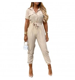 Office Lady Short Sleeve V Neck Stripes Print Button Belt One Piece Jumpsuit $43.50 - Jumpsuits