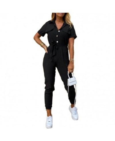 Office Lady Short Sleeve V Neck Stripes Print Button Belt One Piece Jumpsuit $43.50 - Jumpsuits