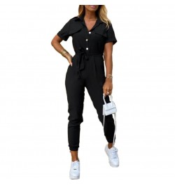 Office Lady Short Sleeve V Neck Stripes Print Button Belt One Piece Jumpsuit $43.50 - Jumpsuits