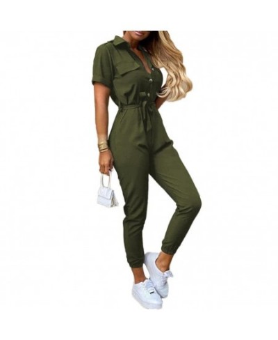 Office Lady Short Sleeve V Neck Stripes Print Button Belt One Piece Jumpsuit $43.50 - Jumpsuits