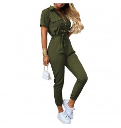 Office Lady Short Sleeve V Neck Stripes Print Button Belt One Piece Jumpsuit $43.50 - Jumpsuits