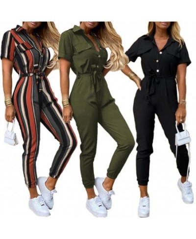 Office Lady Short Sleeve V Neck Stripes Print Button Belt One Piece Jumpsuit $43.50 - Jumpsuits