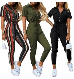 Office Lady Short Sleeve V Neck Stripes Print Button Belt One Piece Jumpsuit $43.50 - Jumpsuits