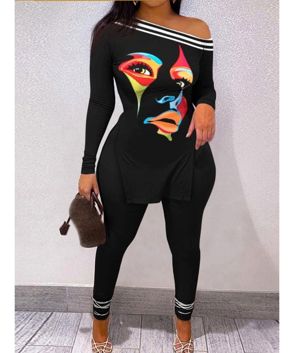 Plus Size Letter Print Striped Pants Set One Shoulder Long Sleeve sexy women suit Autumn 2 Two Piece Set Streetwear Tracksuit...