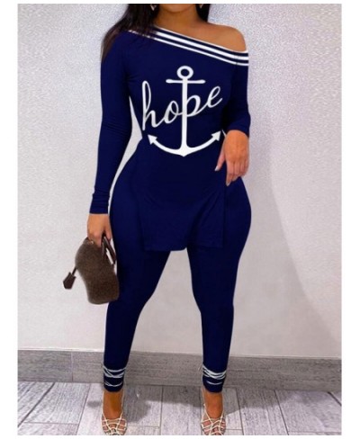 Plus Size Letter Print Striped Pants Set One Shoulder Long Sleeve sexy women suit Autumn 2 Two Piece Set Streetwear Tracksuit...