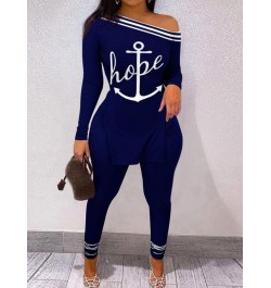 Plus Size Letter Print Striped Pants Set One Shoulder Long Sleeve sexy women suit Autumn 2 Two Piece Set Streetwear Tracksuit...