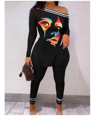 Plus Size Letter Print Striped Pants Set One Shoulder Long Sleeve sexy women suit Autumn 2 Two Piece Set Streetwear Tracksuit...