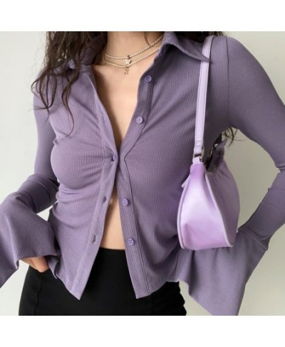 Purple Polo Turn Down Collar Flared Long Sleeve Blouses And Shirts Women Vintage Elegant Y2k Button Spring Autumn Tops Cardig...