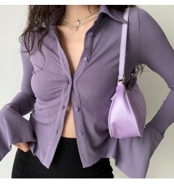 Purple Polo Turn Down Collar Flared Long Sleeve Blouses And Shirts Women Vintage Elegant Y2k Button Spring Autumn Tops Cardig...