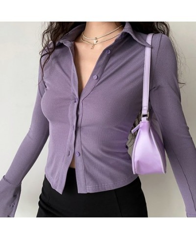 Purple Polo Turn Down Collar Flared Long Sleeve Blouses And Shirts Women Vintage Elegant Y2k Button Spring Autumn Tops Cardig...