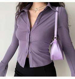 Purple Polo Turn Down Collar Flared Long Sleeve Blouses And Shirts Women Vintage Elegant Y2k Button Spring Autumn Tops Cardig...