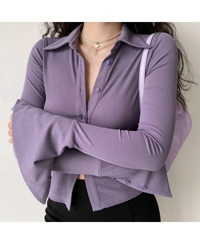 Purple Polo Turn Down Collar Flared Long Sleeve Blouses And Shirts Women Vintage Elegant Y2k Button Spring Autumn Tops Cardig...