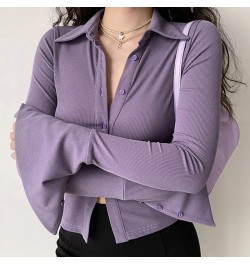 Purple Polo Turn Down Collar Flared Long Sleeve Blouses And Shirts Women Vintage Elegant Y2k Button Spring Autumn Tops Cardig...