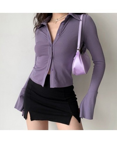 Purple Polo Turn Down Collar Flared Long Sleeve Blouses And Shirts Women Vintage Elegant Y2k Button Spring Autumn Tops Cardig...