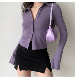 Purple Polo Turn Down Collar Flared Long Sleeve Blouses And Shirts Women Vintage Elegant Y2k Button Spring Autumn Tops Cardig...