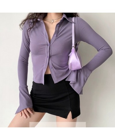 Purple Polo Turn Down Collar Flared Long Sleeve Blouses And Shirts Women Vintage Elegant Y2k Button Spring Autumn Tops Cardig...