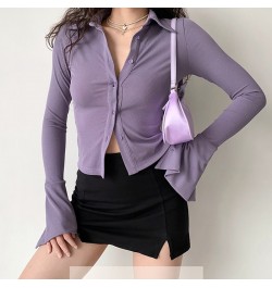 Purple Polo Turn Down Collar Flared Long Sleeve Blouses And Shirts Women Vintage Elegant Y2k Button Spring Autumn Tops Cardig...