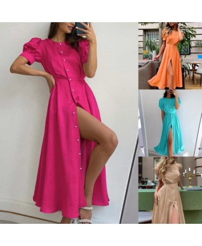 Women's O Neck Dress with Slit Orange Elegant Maxi Dresses Office Ladies Buttons Up Holiday Dress for Women $41.85 - Dresses