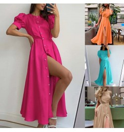 Women's O Neck Dress with Slit Orange Elegant Maxi Dresses Office Ladies Buttons Up Holiday Dress for Women $41.85 - Dresses