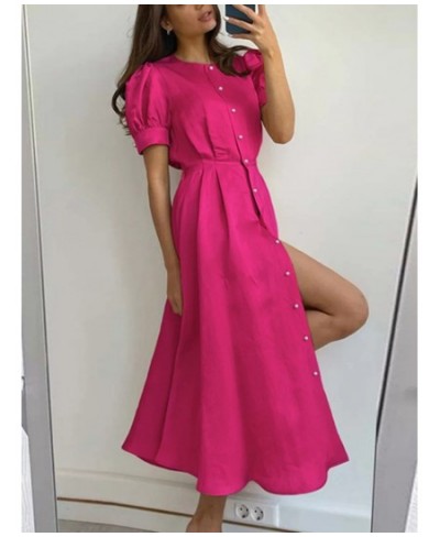 Women's O Neck Dress with Slit Orange Elegant Maxi Dresses Office Ladies Buttons Up Holiday Dress for Women $41.85 - Dresses