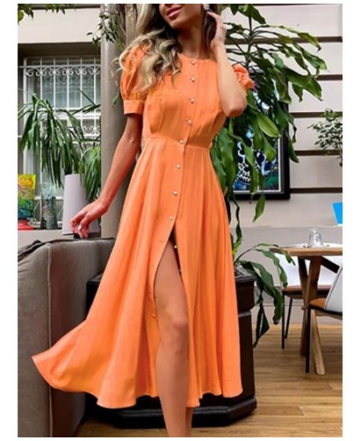 Women's O Neck Dress with Slit Orange Elegant Maxi Dresses Office Ladies Buttons Up Holiday Dress for Women $41.85 - Dresses