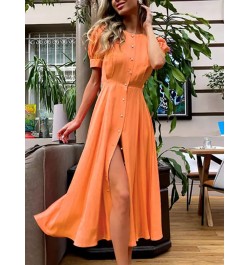 Women's O Neck Dress with Slit Orange Elegant Maxi Dresses Office Ladies Buttons Up Holiday Dress for Women $41.85 - Dresses