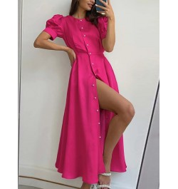 Women's O Neck Dress with Slit Orange Elegant Maxi Dresses Office Ladies Buttons Up Holiday Dress for Women $41.85 - Dresses