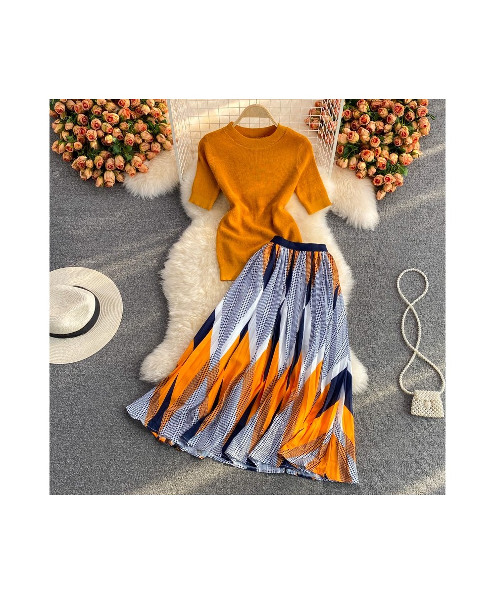 Pinkou Women Elegant Orange Blouse Set Short Sleeve Knitted Shirt Elastic Waist Midi Skirt Summer Two Piece Set Mujer TZ33 $5...