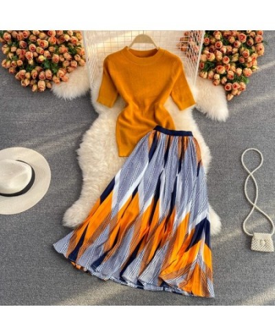 Pinkou Women Elegant Orange Blouse Set Short Sleeve Knitted Shirt Elastic Waist Midi Skirt Summer Two Piece Set Mujer TZ33 $5...