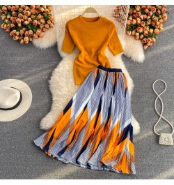 Pinkou Women Elegant Orange Blouse Set Short Sleeve Knitted Shirt Elastic Waist Midi Skirt Summer Two Piece Set Mujer TZ33 $5...