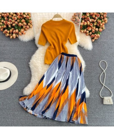 Pinkou Women Elegant Orange Blouse Set Short Sleeve Knitted Shirt Elastic Waist Midi Skirt Summer Two Piece Set Mujer TZ33 $5...