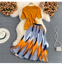 Pinkou Women Elegant Orange Blouse Set Short Sleeve Knitted Shirt Elastic Waist Midi Skirt Summer Two Piece Set Mujer TZ33 $5...