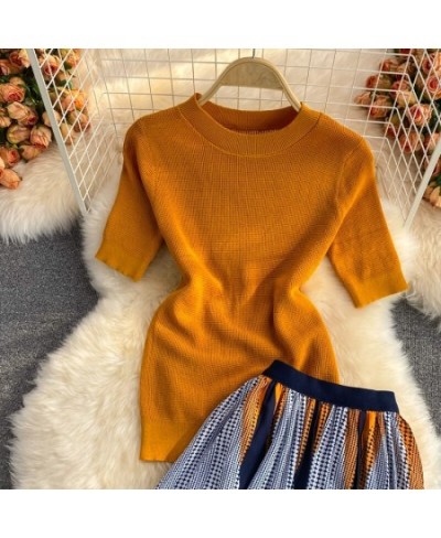 Pinkou Women Elegant Orange Blouse Set Short Sleeve Knitted Shirt Elastic Waist Midi Skirt Summer Two Piece Set Mujer TZ33 $5...